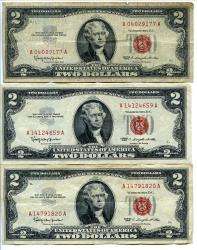 LOT OF THREE 1963 TWO DOLLAR UNITED STATES NOTES   RED SEAL $2 US NOTE 