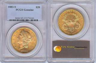 1883 S $20 GOLD LIBERTY HEAD PCGS GENUINE NOT GRADABLE DOUBLE EAGLE 