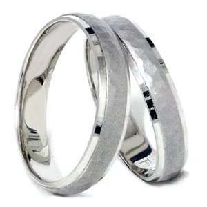 Pompeii3 Inc. Matching Hammered Wedding Ring Band White Gold Set 14K 