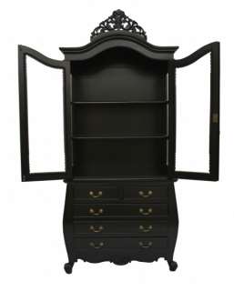 French gothic painted furniture display cabinet on bombe chest drawers 