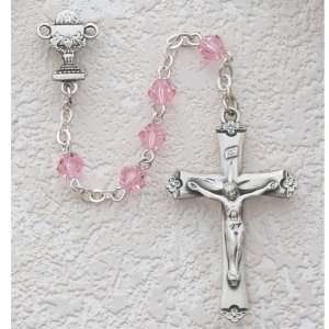  5mm Pink Communion Rosary (C35RW) in White Leather Box 