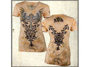   Ornate Angel Wings Rhinestones Womens Short Sleeve V Neck T Shirt in