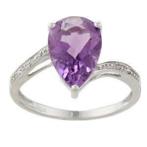    10k White Gold Pear Amethyst and Diamond Ring   size 6 Jewelry