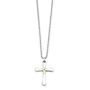 Stainless Steel 14k Gold With Diamond Cross Pendant Necklace   22 Inch 