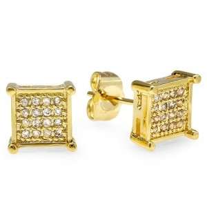18k Yellow Gold Plated Stud Earrings 7mm Ice Cube Shaped White Round 