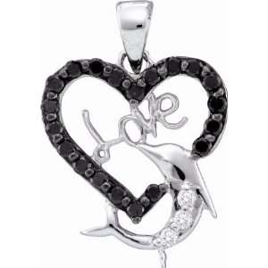  Black Diamond Heart Pendant 14k White Gold Dolphin Love (0 