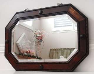 Antique Beaded Jacobean Oak Wood Framed Beveled Mirror  