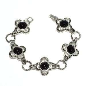  Fashion Link Bracelet; 7.5L; Antique Silver Metal; Black 