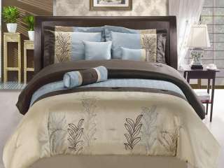 7Pcs Queen Blue and Tan Embroidered Comforter Set  