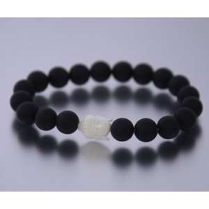   Horn Hand Carved Buddha & Matte Black Onyx Bead Bracelet (9 Inches