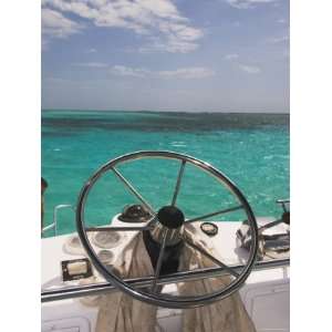 Steering Wheel of Boat and View of Turquoise Horizon, Ambergris Caye 