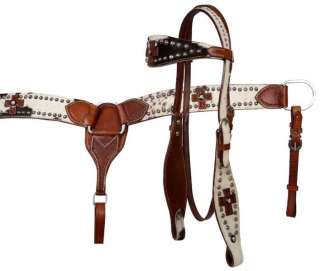 Cowhide Hair On w/ Leather Crosses Bridle,Breastcollar and Reins Set 