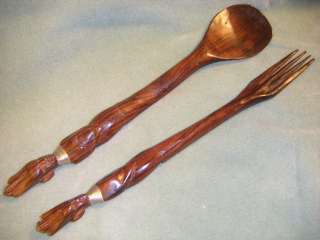 VINTAGE IRON WOOD SPOON AND FORK SET CARVED  