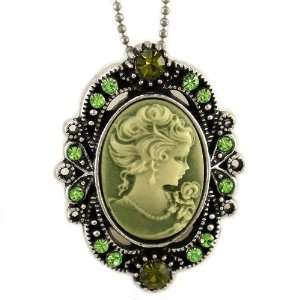 Classic Antique Design Green Cameo Pendant Necklace Charm Bronze Brass 
