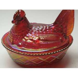  5 Ruby Red Carnival Glass Hen on Nest Wooven Base 