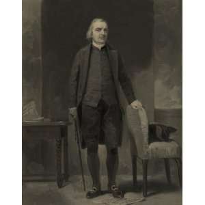 Full length portrait of Boston patriot Samuel Adams leaning against a 