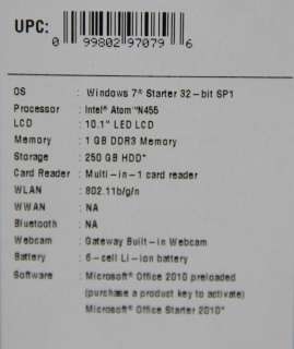Gateway Netbook LT2802u Atom N455 1.66 250GB HD 1GB Ram  