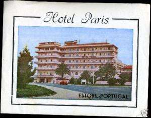 Hotel Paris   ESTORIL PORTUGAL   Vintage Luggage Label  
