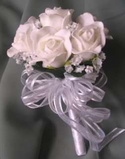 Wedding Toss/Throw Away Bouquet, Nosegay, White Roses w/glitter NEW 