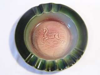 vintage HULL pottery brown & green ASHTRAY w/ Stag Deer Buck Elk 
