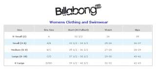 Top of Page Billabong Clothing and Swimwear Size Chart