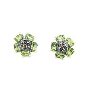  Sterling Silver Marcasite Green Flower Earrings Jewelry