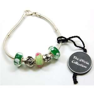  TOC BEADZ 925 Silver Green Flower Starter Bead Bracelet Jewelry