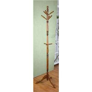   Medium Oak Wood Coat Rack Hall Tree with Middle Hooks