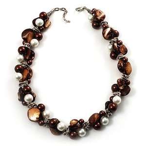   Shell Composite Silver Tone Link Necklace (Chocolate & White) Jewelry
