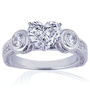   Heart Shaped 3 Stone Diamond Engagement Ring Pave Set 14K GOLD SI2 IGI
