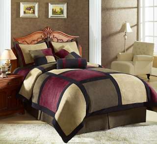 7pcs Burgundy Brown Black Micro suede Patchwork Comforter (104x92 