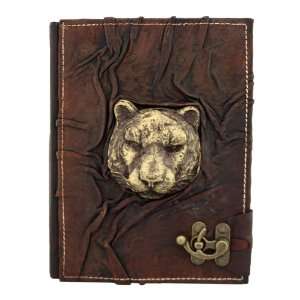 3D Lion Face Sculpture on a Brown Handmade Leather Bound Journal LO125