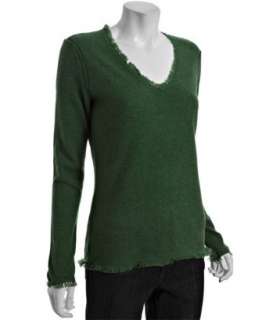Magaschoni emerald melange cashmere fringe v neck sweater   up 