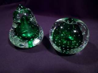 Pair of Vintage Handblown Apple and Pear Art Glass Paperweights  