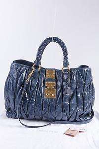 MIU MIU $1830 Blue/Denim Leather Matelasse Lux Bag with Gold Hardware 