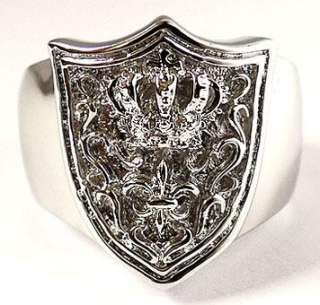 ROYAL CROWN KNIGHT SHIELD SILVER PLATED BRASS RING 10  