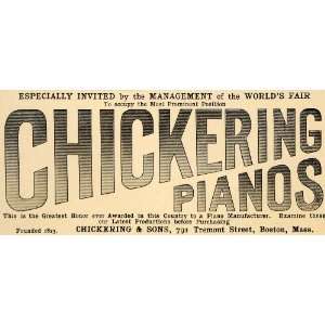 1893 Ad Chickering Pianos Manufacturers Music Musical Instruments 