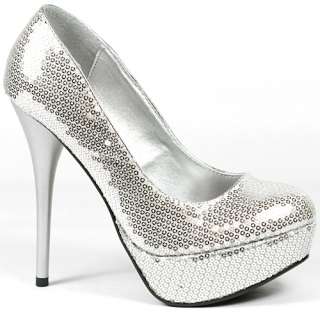 Silver Sequin Stiletto Heel Platform Pump 8.5 us Qupid Neutral 140 