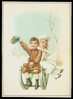 French Victorian Trade Card   Boy & Girl On Sled  