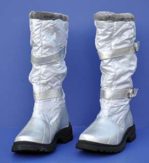 Womens Winter Snow Boots Shoes Gray Mid Calf Faux Fur Satin Slouchy 