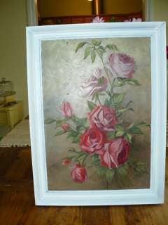 ANTIQUE PINK ROSE OIL PAINTING ~ GORGEOUS SHABBY ROMANTIC ROSES 