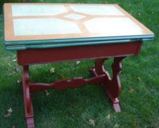 ENAMEL TABLE 2 POP UP LEAFS GRANNY APPLE GREEN TOP & BARN RED WOODEN 