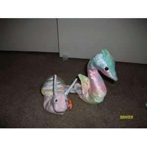  Set of 2 Snail/Seahorse Beanie Babys Swirly and Neon 