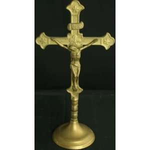   Vintage French Brass Standing Crucifix Cross Christ 