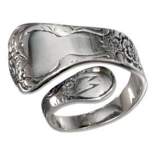  Sterling Silver Spoon Ring with Rose and Antiqued Finish 