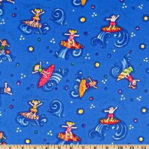  45 Wide Island Friends Surfing Blue Fabric By The Yard 
