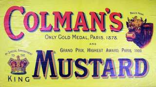 Vintage Colmans Mustard advertising box with colorful paper labels 