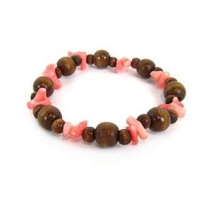  Bamboo Coral and Wood Bead Tropical Stretch Bracelet, Pink 