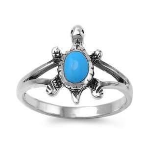   Silver Turtle Ring with Genuine Turquoise Stone  Unisex Ring   Size 9