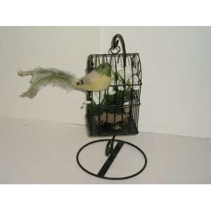 Black Wrought Iron Bird Cage with White Flowers and Bird (12tall bird 
